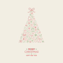 Merry Christmas and Happy New Year. Greeting card with beautiful Xmas tree and icons. Vector