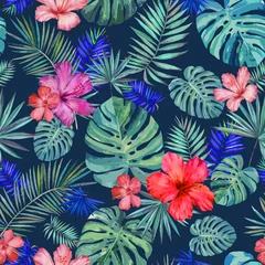 Foto op Canvas Seamless pattern. Palm leaves, monstera, hibiscus flowers on a dark background.  Watercolor drawing. For design, textile, Wallpaper, fabric, illustration, design, scrapbooking. © Яна Коршунова