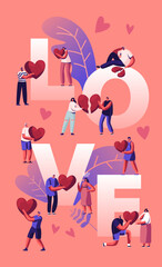 Love and Heartbreak Concept. Happy Couples Sparetime, Holding Heart. Unhappy Heartbroken People Parting, Divorce, End of Relations Poster Banner Flyer Brochure. . Cartoon Flat Vector Illustration