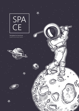 Space background. Astronaut with niblick. The game of golf.