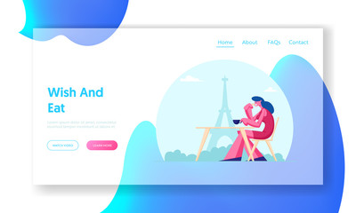 Young Woman Visiting Restaurant or Cafe in Paris Eating Croissant and Drinking Coffee Website Landing Page. Girl Sitting at Table Drinking Beverage Web Page Banner. Cartoon Flat Vector Illustration