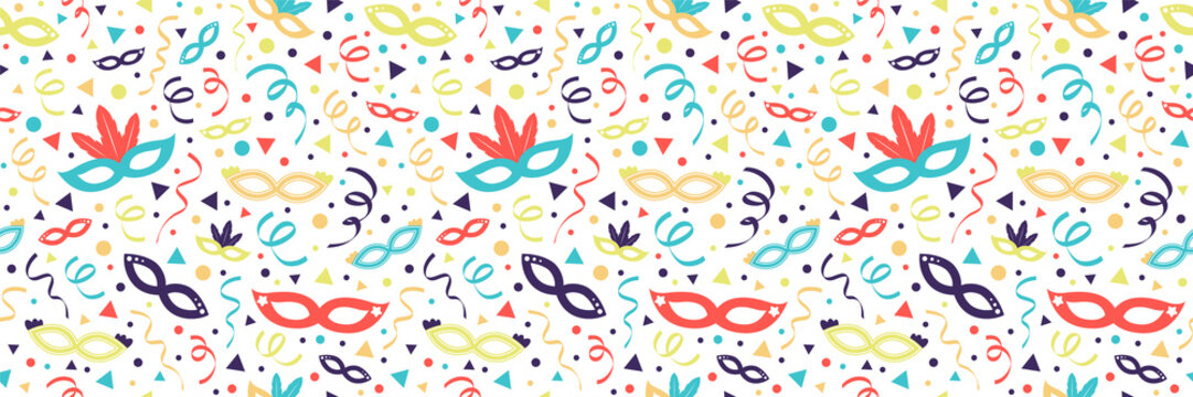 Colorful party masks and confetti on background - seamless texture. Vector