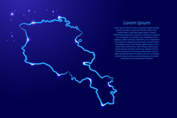 Armenia map from the contour classic blue color brush lines different thickness and glowing stars on dark background. Vector illustration.