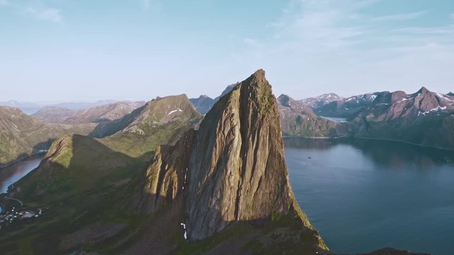 Norway landscape Segla Mountain aerial view sunset peak and fjord view Travel destinations nature scenery Senja islands 