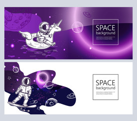 Space backgrounds. Outline astronaut, planets, satellites, flying saucers.