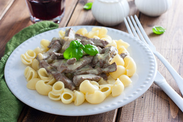 Beef pastry stroganoff with pasta, selective focus