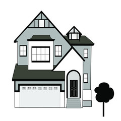 Flat drawing of a house in black and gray. Cottage type house. Isolated, white. Vector