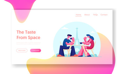 Young Couple Drinking Coffee in Outdoors Cafe in Paris with Eiffel Tower View Website Landing Page. Characters Sitting at Table Drinking Hot Beverages Web Page Banner. Cartoon Flat Vector Illustration