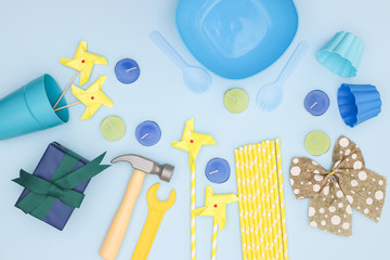 Blue Birthday, Father's day decoration with presents, candles for party