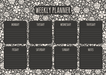 Concept of a weekly planner with hand drawn flowers. Vector
