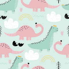 Seamless pattern with dinosaurs on colored background. Vector illustration for printing on fabric, postcard, wrapping paper, gift products, Wallpaper, clothing. Cute baby background.