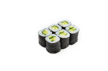 Sushi roll with cucumber on white background