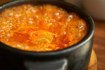 Korean spicy tofu stew in pot 