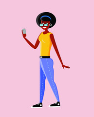 Illustration of a black and afro-haired girl standing with jeans and a mobile phone in her hand