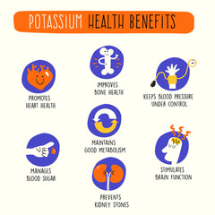 Potassium health benefits. Vector Cartoon icons set