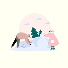 Man and woman making snowman. Vector illustration
