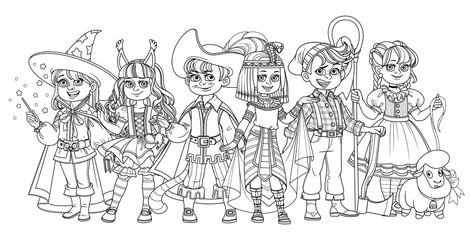 Children in carnival costumes wizard, egyptian queen, squirrel, lumberjack, puss in boots and shepherdess characters outlined for coloring page