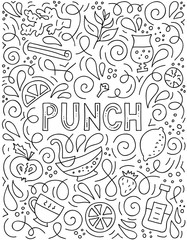 Punch. Hand-drawn poster in linear style with the main ingredients for the drink and lettering. Composition of elements isolated on a white background. Doodle style, vector.