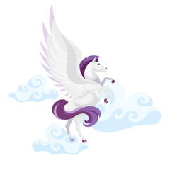 Pegasus flat vector illustration. Mythological creature fly in air. Fantastical beast in sky. Greek mythology. Freedom symbol. Horse with wings isolated cartoon character on white background