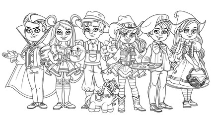 Fototapeta na wymiar Children in carnival costumes vampire, artist, cowgirl, farmer, Little Red Riding Hood, mouse characters outlined for coloring page