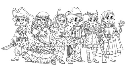 Children in carnival costumes pirate, fortune teller, prince, starry night, cowboy and ladybug characters outlined for coloring page