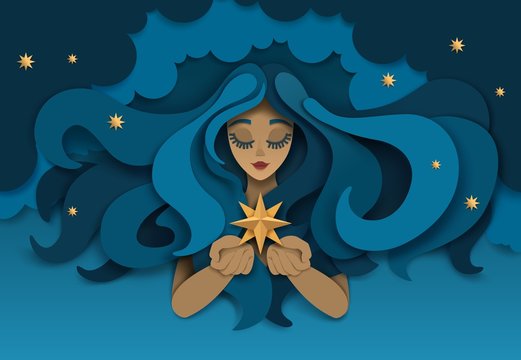 Dreaming girl with star, vector paper cut illustration