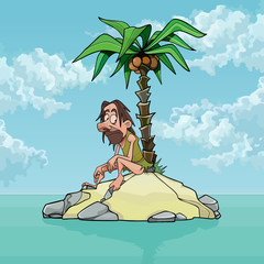 cartoon lonely man on a small island with a palm tree