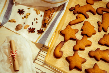 Elk, star, Christmas tree cookies and Santa Claus gingerbread cookies on thin paper before baking.