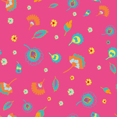 Vector psychedelic folk seamless pattern with colorful ethnic flowers and leaves, green orange red yellow and pink background
