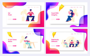 Young Men and Women Sitting at Fat Food Cafe Website Landing Page Set. People Have Relaxing Meal Time in Fastfood Cafeteria Having Coffee Break Web Page Banner. Cartoon Flat Vector Illustration