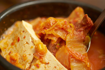 Korean spicy tofu stew in pot 