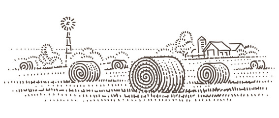 Hay bales in field in countryside vector sketch. Isolated. 