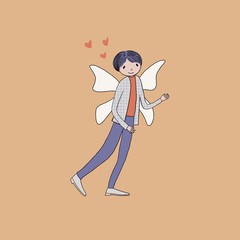 Young woman in flying with butterfly wings. Concept for Valentine's Day holiday celebrations, illustration with girl in casual fashion clothes and hearts near her. Cute character, cartoon style.