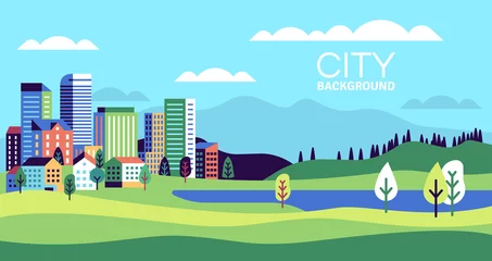 Poster Einfache Landschaft mit Gebäuden. Urbane Skyline-Wohnhäuser, grüne Bäume und Hügel, Sommerstadtbild-Banner, Website-Vektorhintergrund © YummyBuum