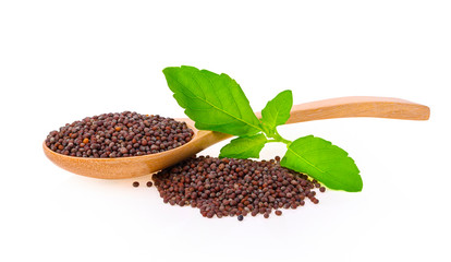 Brown mustard seeds on white background