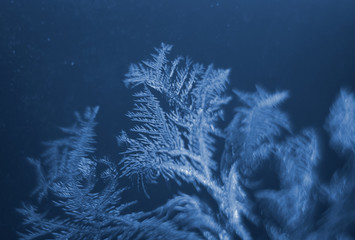 Color of the year 2020 classic blue. Macro of ice on frozen window close up