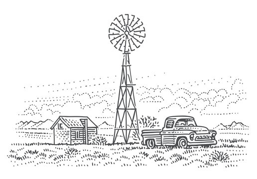 Old pick up truck in ranch land sketch line illustration. Vector, isolated. 