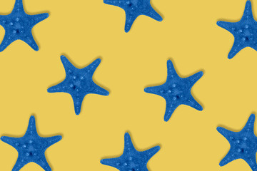 Fototapeta na wymiar Dried toned in blue sea star fish pattern on yellow background.