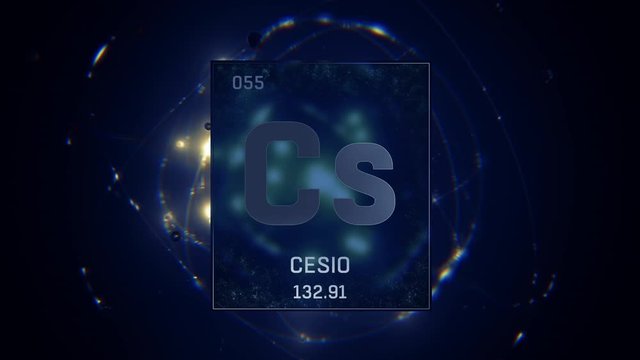 Cesium as Element 55 of the Periodic Table. Seamlessly looping 3D animation on blue illuminated atom design background with orbiting electrons. Name, atomic weight, element number in Spanish language