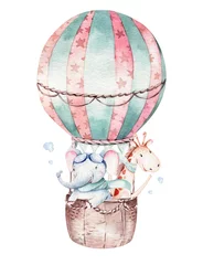 Fototapete Aquarell Ballon Set Baby Cartoon niedliche Pilot Luftfahrt Illustration. Himmelstransportballons mit Giraffe und Elefant, Koala, Bär und Vogel, Wolken. kindische babydusche abbildung © kris_art