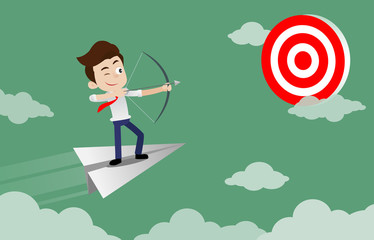 Businessman standing on paper plane flying and aiming target with bow and arrow, archery and business concept design