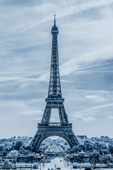 Eiffel Tower in Paris. Classic Blue abstract background. Color of the year 2020.