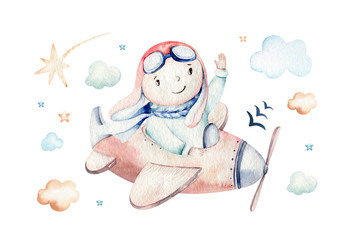 Watercolor set baby cartoon cute pilot aviation background illustration of fancy sky transport complete with airplanes balloons, clouds. childish Boy pattern. It's a baby shower illustration