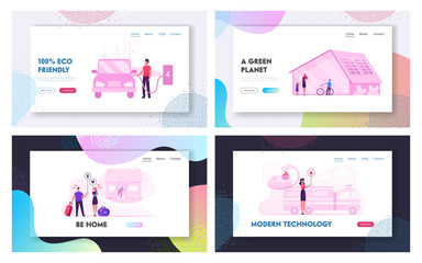 Futuristic Technologies for Home. Website Landing Page Set. Man Charging Electric Car. House with Solar Panels. Security System of Robbery and Fire Web Page Banner. Cartoon Flat Vector Illustration