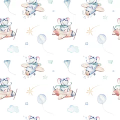 Wallpaper murals Animals with balloon Watercolor airplane kid seamless pattern. Watercolor toy background baby cartoon cute pilot giraffe, elephant with koala, bear and bird aviation sky transport airplanes, clouds.