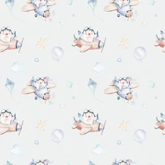 Wallpaper murals Animals with balloon Watercolor airplane kid seamless pattern. Watercolor toy background baby cartoon cute pilot giraffe, elephant with koala, bear and bird aviation sky transport airplanes, clouds.