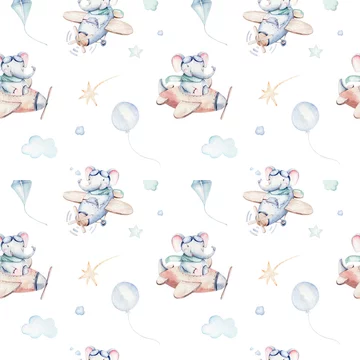 Watercolor airplane kid seamless pattern. Watercolor toy