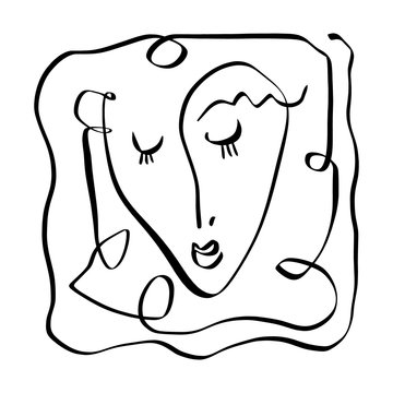 recommend clip art: Simple hand drawn black and white trendy line portrait face art. Abstract composition. Monochrome print for clothes, textile, posters and other. Vector