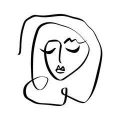 Simple hand drawn black and white trendy line portrait face art. Abstract composition. Monochrome print for clothes, textile, posters and other. Vector
