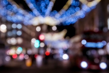 Blurred background of London festive Christmas street lights and decorations